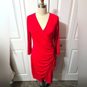 Calvin Klein Red Long Sleeved Dress, Size 8, Ruched At Waist, Faux Wrap, EUC